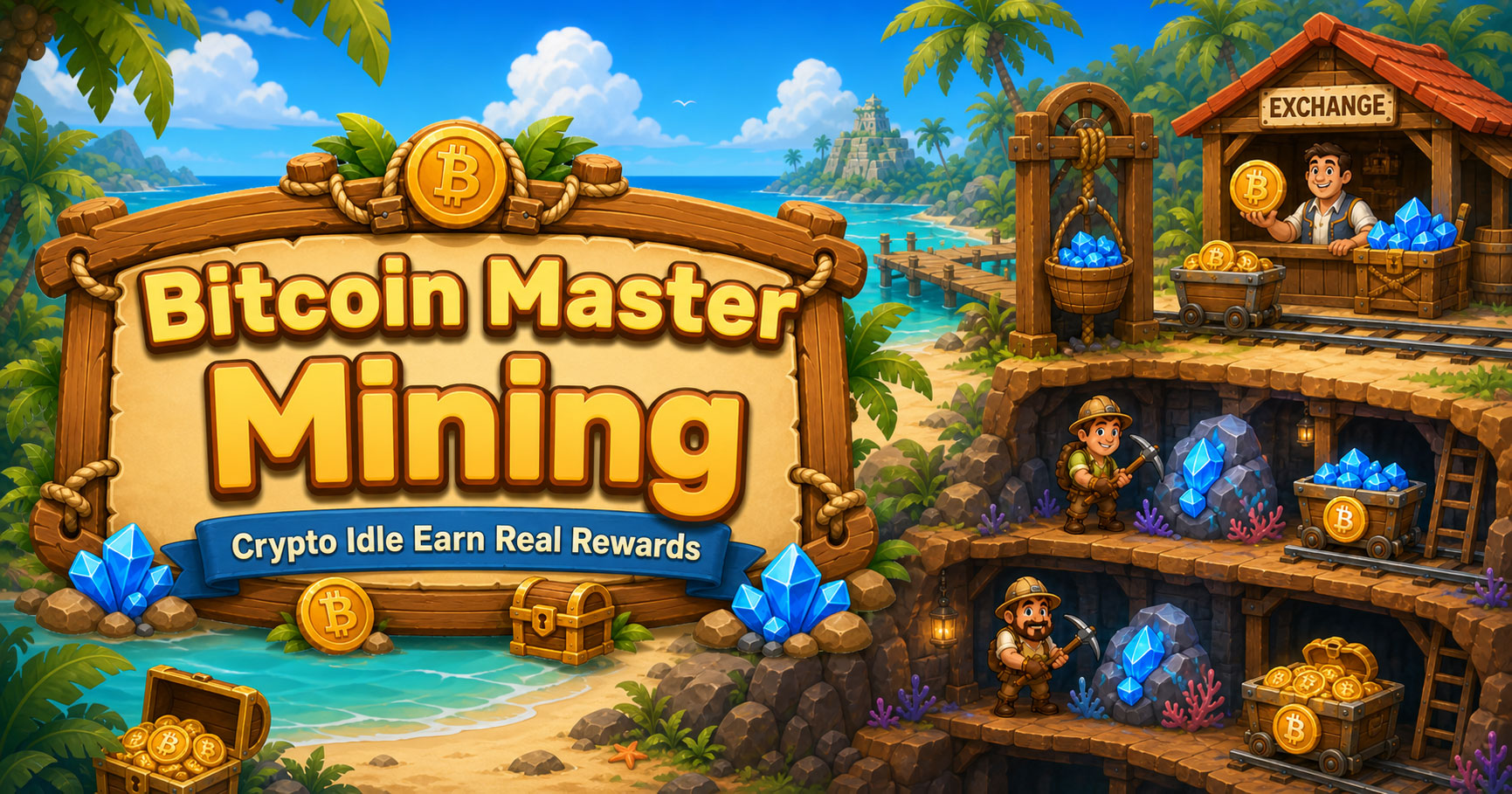 Bitcoin Master Mining island mining game scene with a large title board, exchange hut, miners, BTC coins, blue crystals, mine carts, and tropical beach